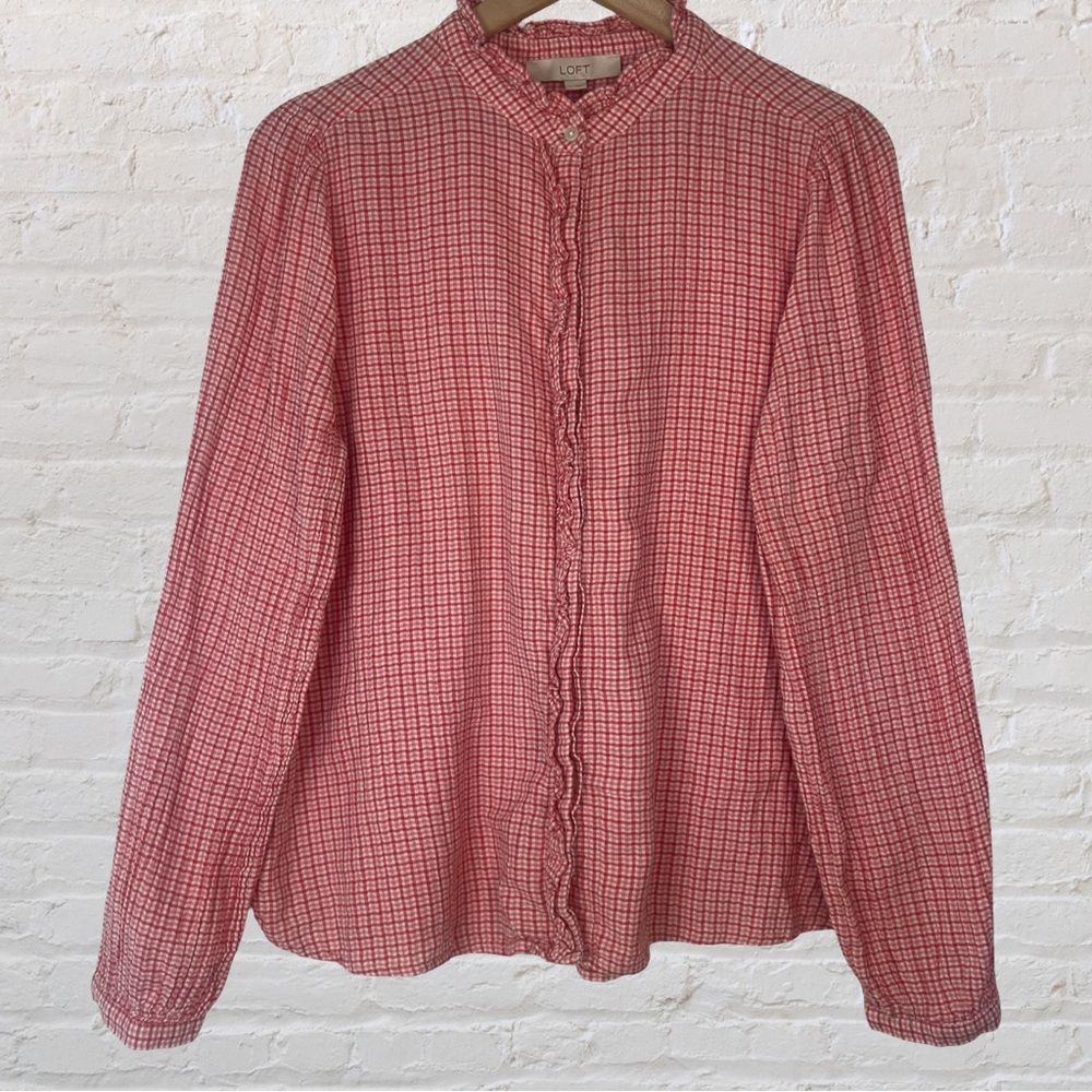 Loft Large Red hint of pinkWhite Check Ruffle Front Button Shirt Casual Cotton